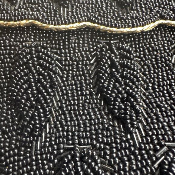 Vintage Ladies Jet Black Beaded Cocktail Handbag Purse Gold Clasp - Picture 2 of 11